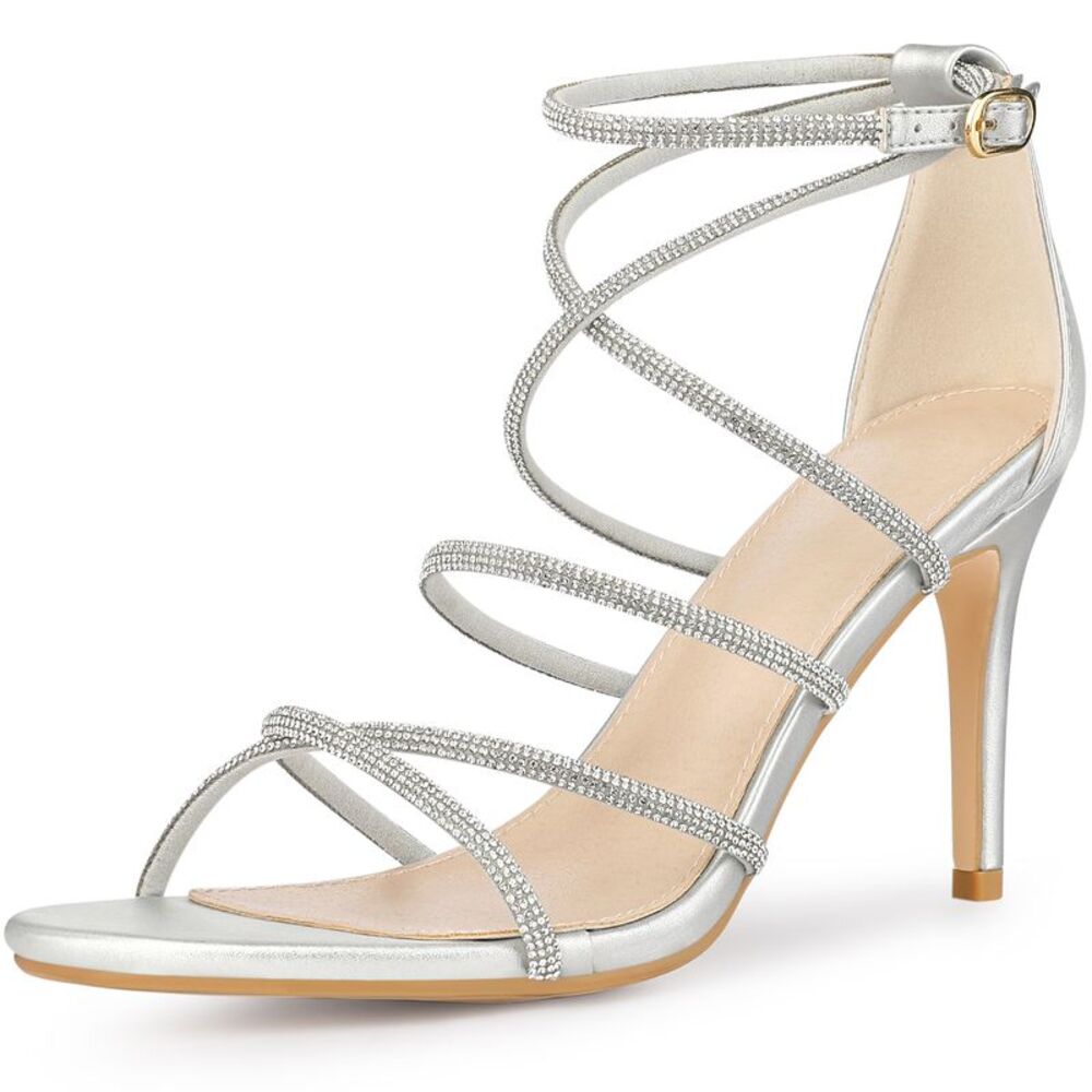Rhinestones Strappy Open Toe Stiletto Heel Ankle Strap Sandals Silver